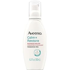 Aveeno Calm + Restore Redness Relief Foaming Cleanser, Daily Facial Cleanser With Calming Feverfew to Help Reduce the Appearance of Redness, Hypoallergenic & Fragrance-Free, 6 fl. oz